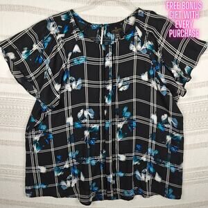 Worthington Petite Black Blue Plaid Floral Blouse Top Size XL